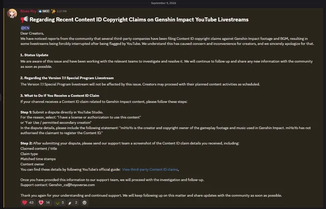 Featured image of post Genshin staff are working to resolve the issue of Genshin livestreams being copyright claimed